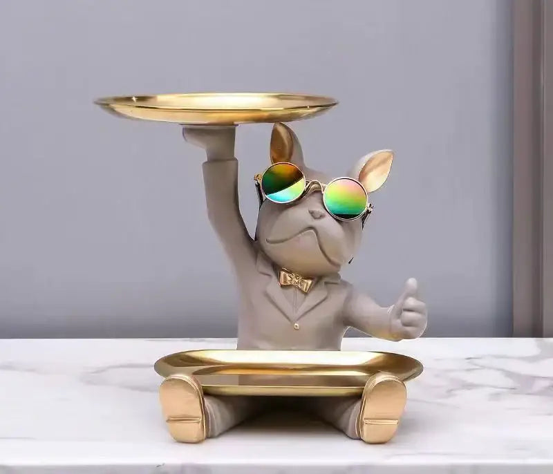 Gray resin bulldog tray statue with iridescent sunglasses gold bow tie holding and seated on golden trays for decor