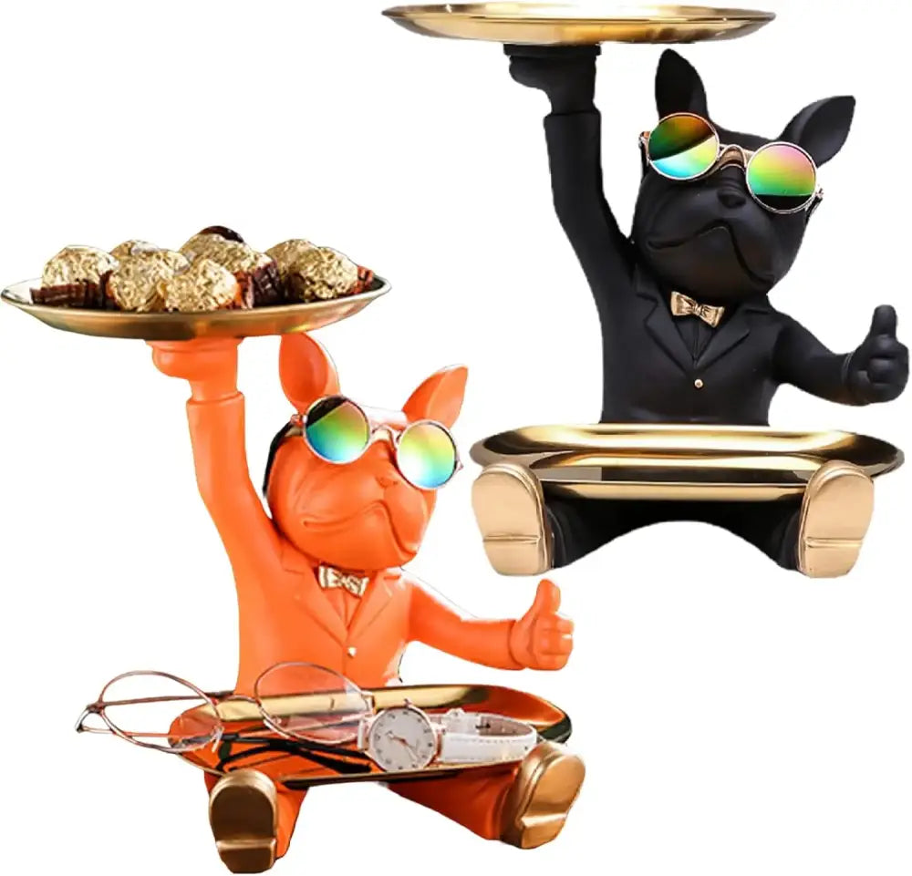 Modern black and orange bulldog tray statue figurines wearing sunglasses and bow ties holding gold trays for living room decor