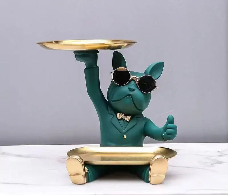 Teal french bulldog tray statue wearing sunglasses and bow tie holding gold trays for modern living room decor