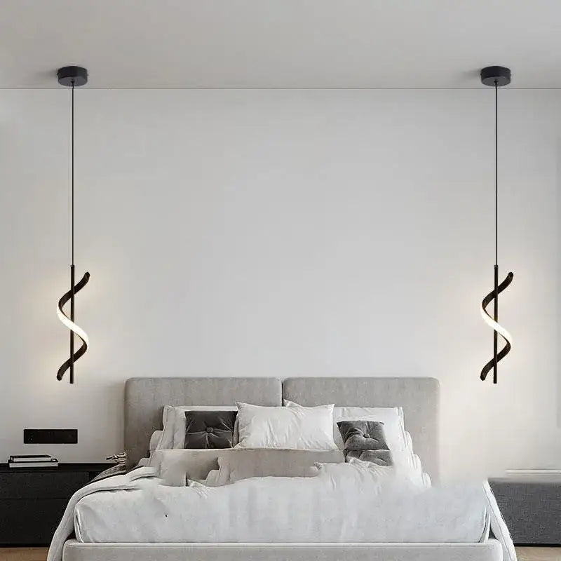 Modern black butterfly led pendant light with sleek spiral design works beautifully above bedroom bed in small square meters