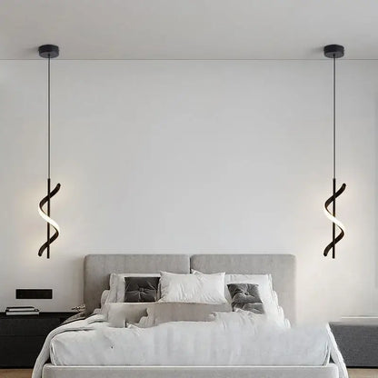 Modern black butterfly led pendant light with sleek spiral design works beautifully above bedroom bed in small square meters