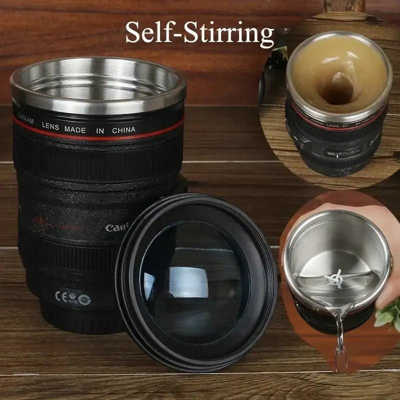 Modern black and silver decorbites camera lens cup with self stirring feature and removable front cap for coffee use