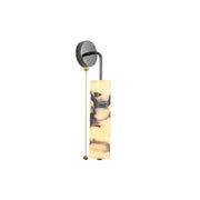 Modern black carbon steel led wall lamp with sleek alabaster bedroom shade featuring swirling dark gray veining decorbites carbon steel