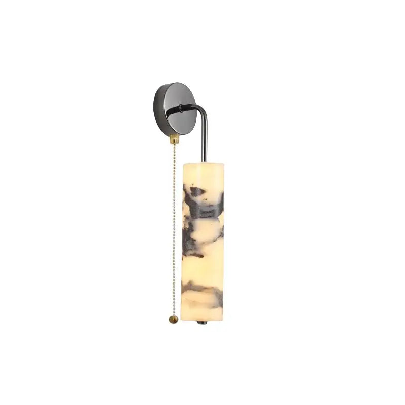 Modern black carbon steel led wall lamp with sleek alabaster bedroom shade featuring swirling dark gray veining decorbites carbon steel