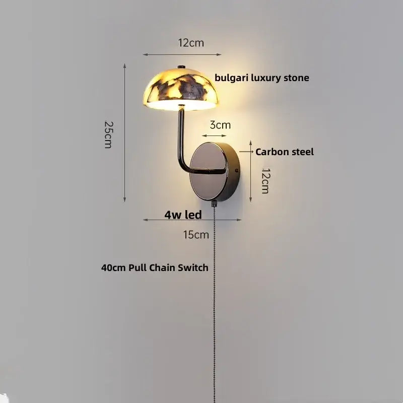 A modern black carbon steel led wall lamp with alabaster bedroom shade and bulgari luxury stone dome shade by decorbites carbon steel