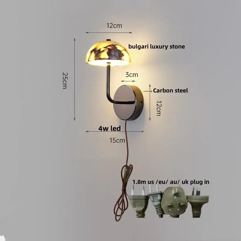 Modern black carbon steel led wall lamp with alabaster bedroom shade and bulgari stone dome by decorbites carbon steel