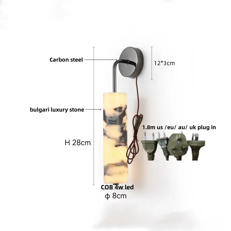 A sleek 28cm tall wall lamp with a polished bulgari stone body and carbon steel led arm from decorbites