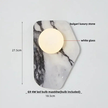 Modern black carbon steel led wall lamp with alabaster shade features a sleek white marble hexagonal base and glass panel