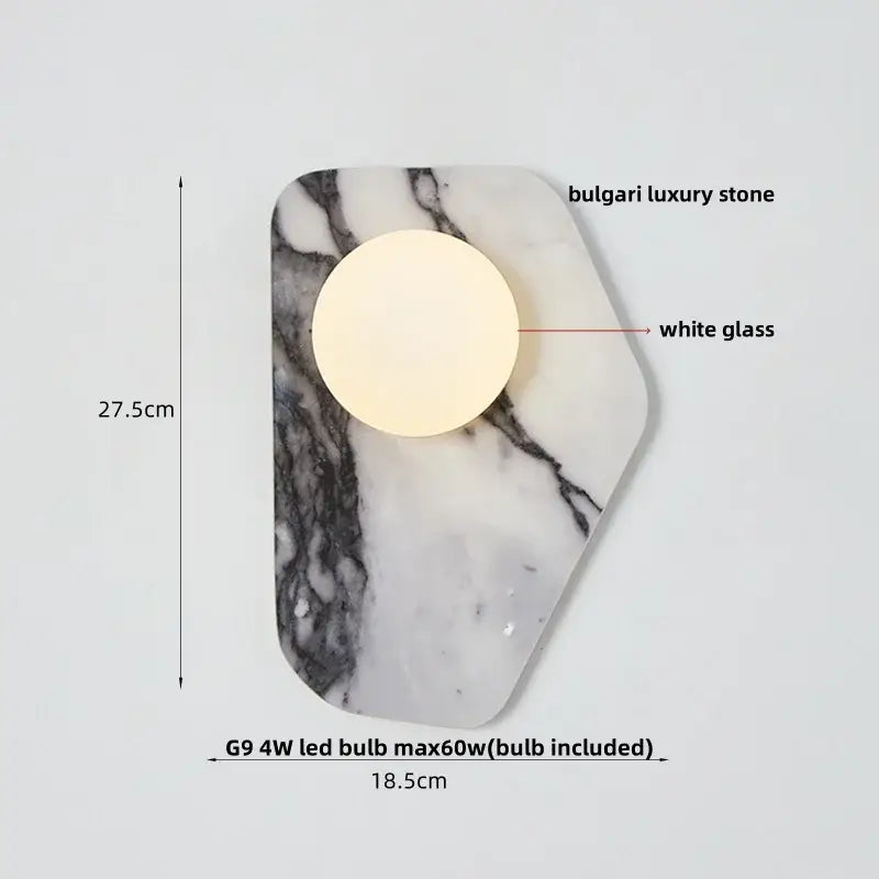 Modern black carbon steel led wall lamp with alabaster shade features a sleek white marble hexagonal base and glass panel