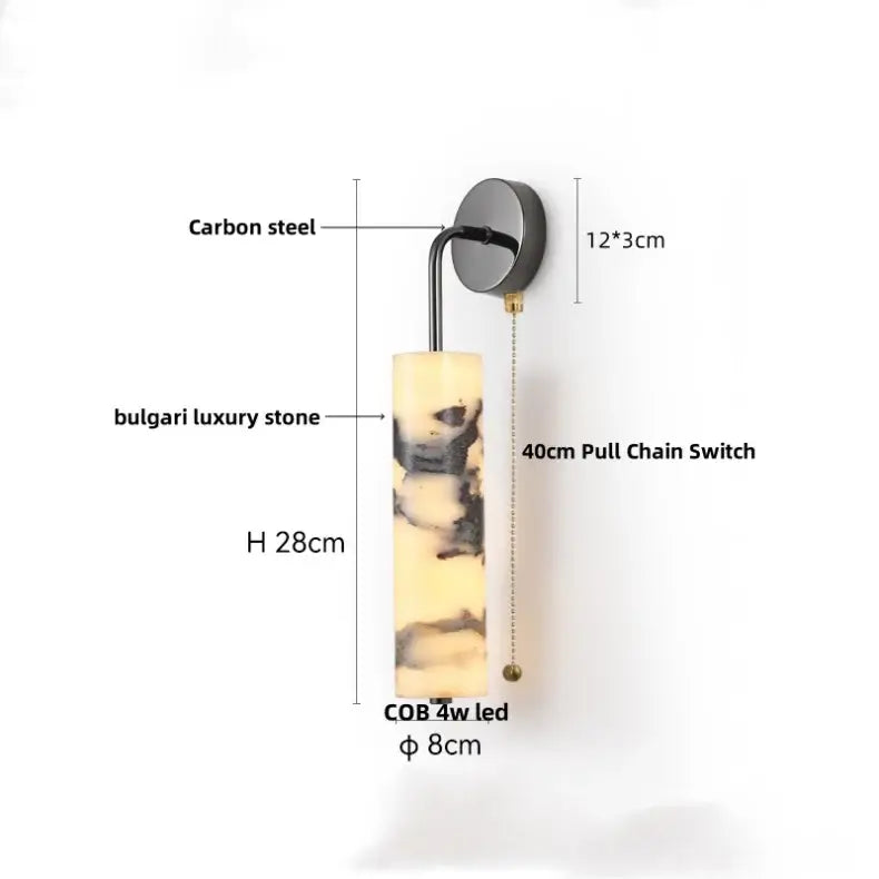 Modern wall lamp with carbon steel led bracket and polished bulgari stone cylindrical alabaster bedroom shade