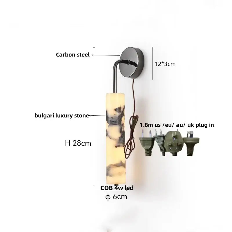 Modern black carbon steel led wall lamp with alabaster shade featuring a polished Bulgari stone cylindrical body decorbites carbon steel