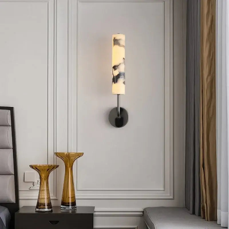 Modern black carbon steel led wall lamp with warm amber and black marbled alabaster shade for stylish decorbites wall lamp