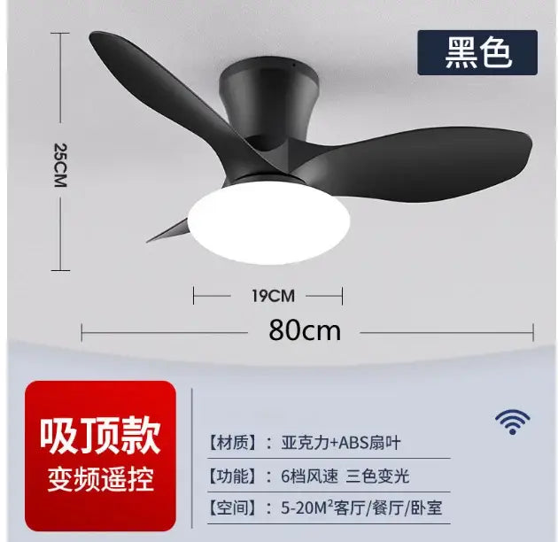 Modern black ceiling fan lamp with sleek design and integrated led light for living room with remote control