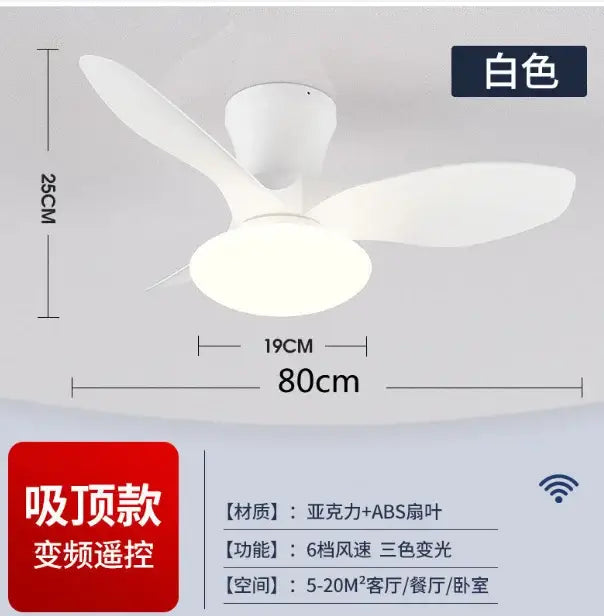 Modern white ceiling fan lamp with three acrylic blades and integrated led light for living room use