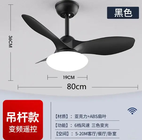 Modern black ceiling fan lamp with three sleek blades and integrated oval light for living room use with remote control