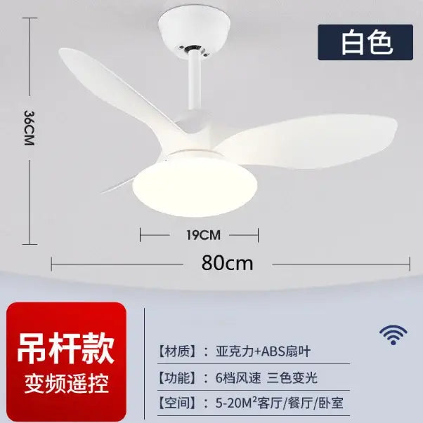 Modern black ceiling fan lamp with three white acrylic blades and central light for living room use with remote control