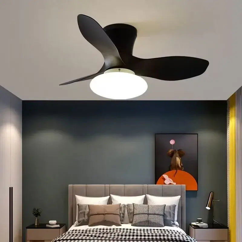 Modern black ceiling fan lamp with integrated light fixture and remote control for living room use