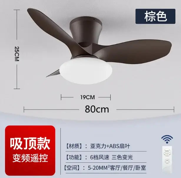 Modern black ceiling fan lamp with brown ABS blades white integrated light and wi-fi remote control for living room