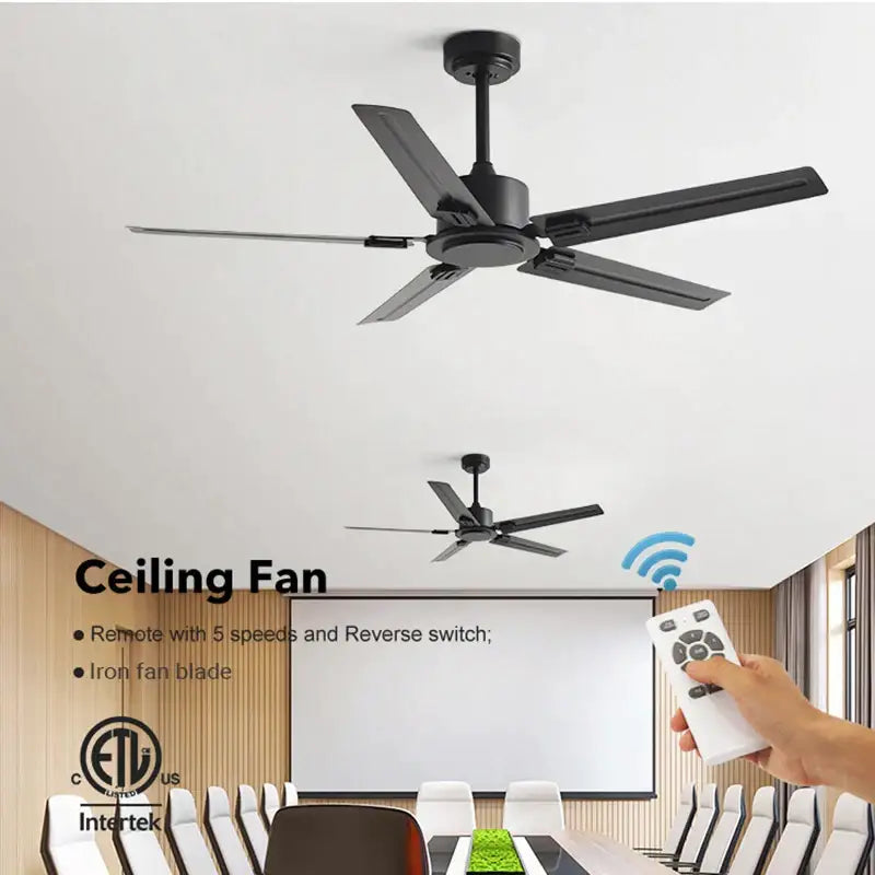 Modern black ceiling fan with five iron blades and 35w dc motor for living room includes remote control