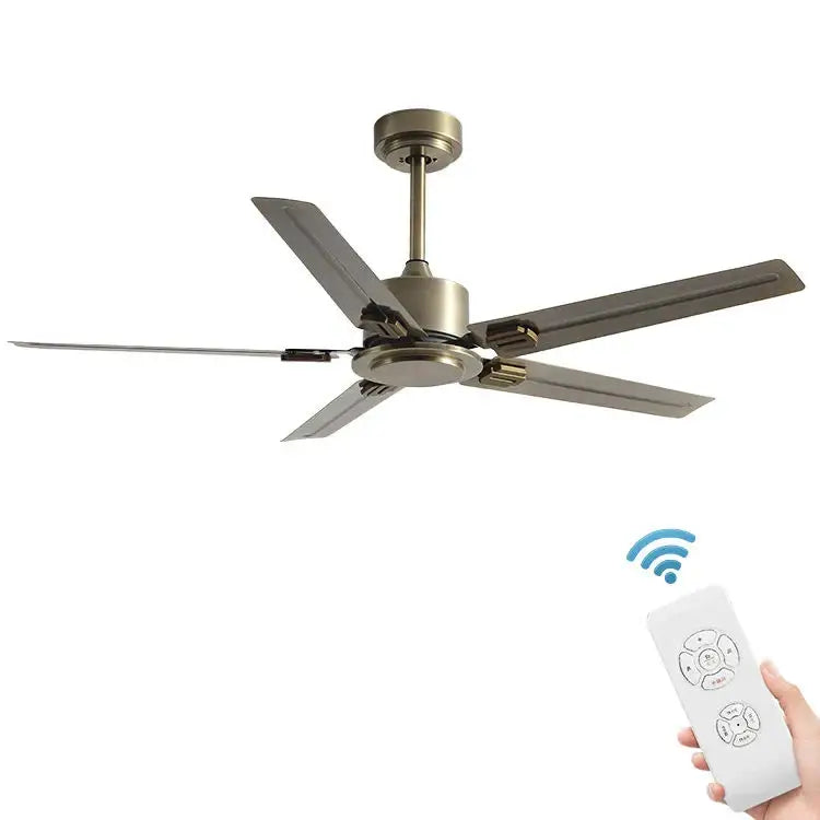Modern black ceiling fan with five matte gray blades, 35w dc motor, brushed brass finish, and wireless remote control
