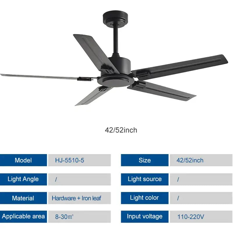 Modern black ceiling fan with five sleek blades and 35w dc motor designed for living room use