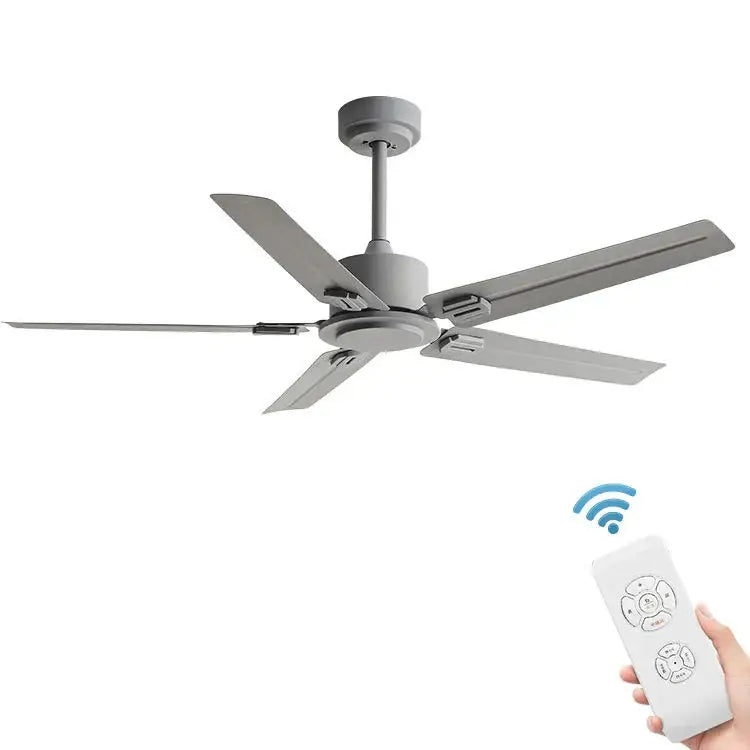 Modern black ceiling fan with five sleek gray blades and 35w dc motor for living room with matching remote control