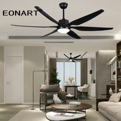 Modern black ceiling fan with five blades integrated led light and remote control for living room use