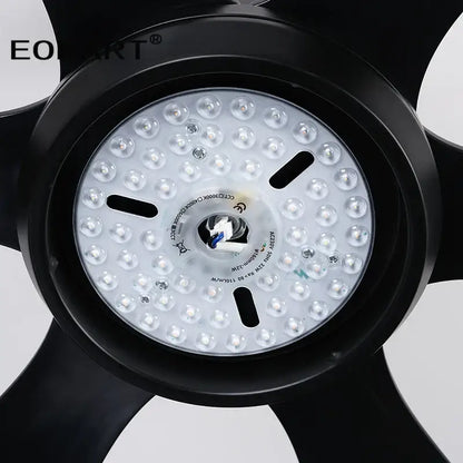 Modern black ceiling fan with led light and remote control featuring a circular array of white leds in the hub