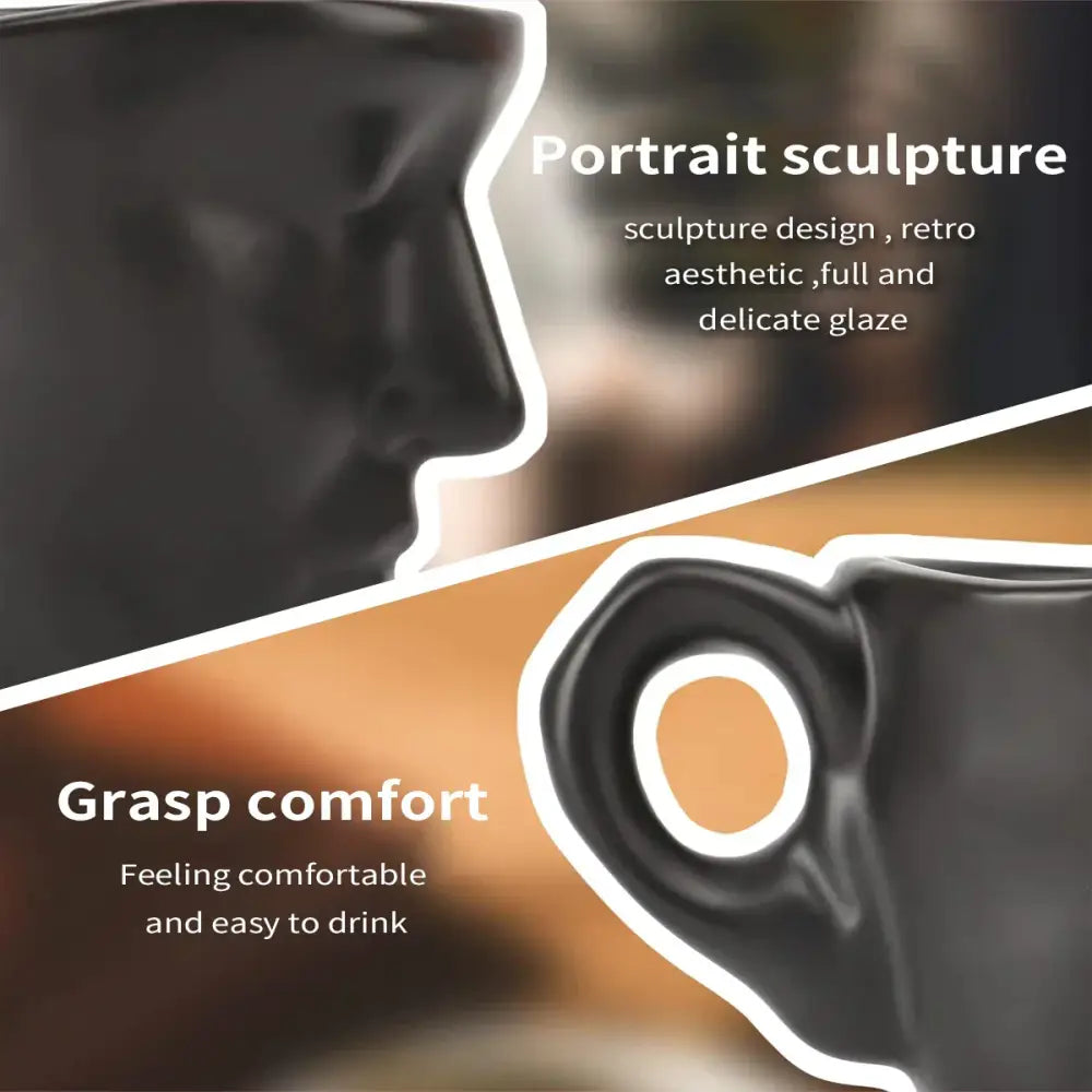 A sleek black ceramic tea cup with a portrait sculpture design and ergonomic handle in a modern cup set