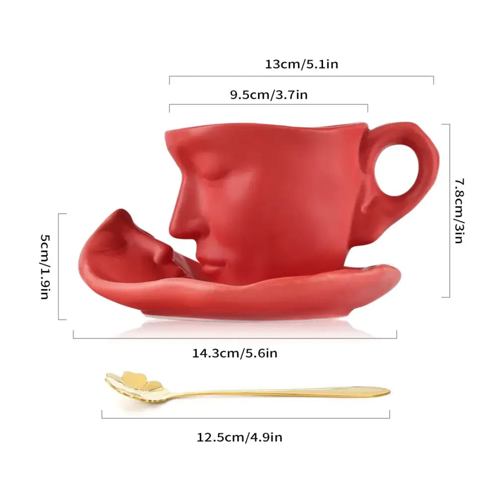 Modern black ceramic kissing face tea cup set with red ceramic face cup and saucer and gold spoon for latte art