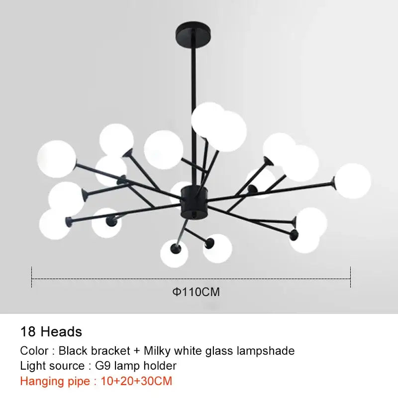 Modern black chandelier by decorbites featuring 18 milky white glass lampshades for elegant living room decor