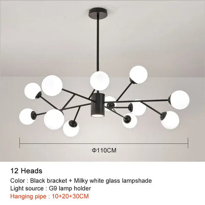 Modern decorbites black chandelier with twelve gold frosted milky white glass lampshades for living room decor