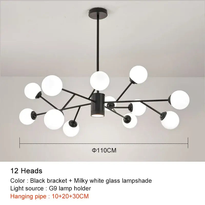Modern decorbites black chandelier with twelve gold frosted milky white glass lampshades for living room decor