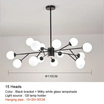 Modern black chandelier by decorbites featuring fifteen milky white frosted glass lampshades for living room decor