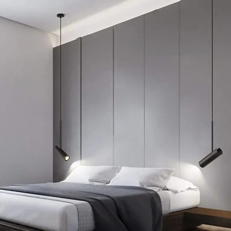 Modern black chandelier pendant light with sleek cylindrical design for bedroom decor by decorbites