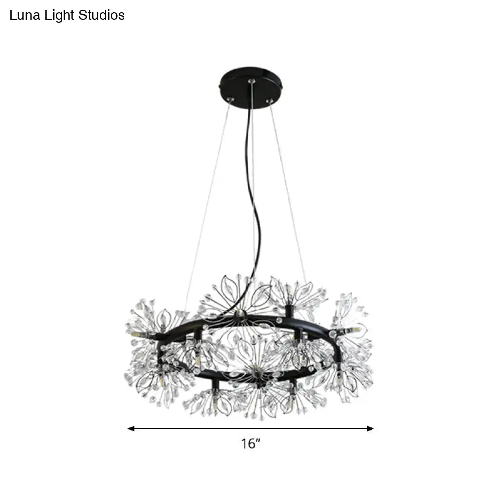 Lámpara de araña negra moderna con iluminación de 18 bombillas y elegante diseño floral de cuentas de cristal.
