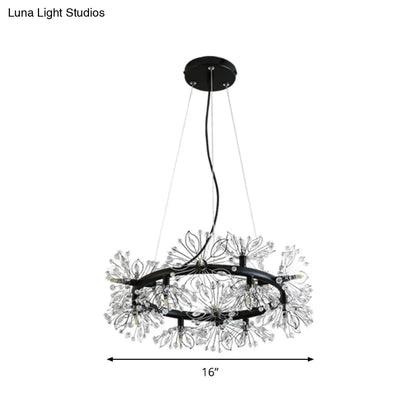 Lámpara de araña negra moderna con iluminación de 18 bombillas y elegante diseño floral de cuentas de cristal.