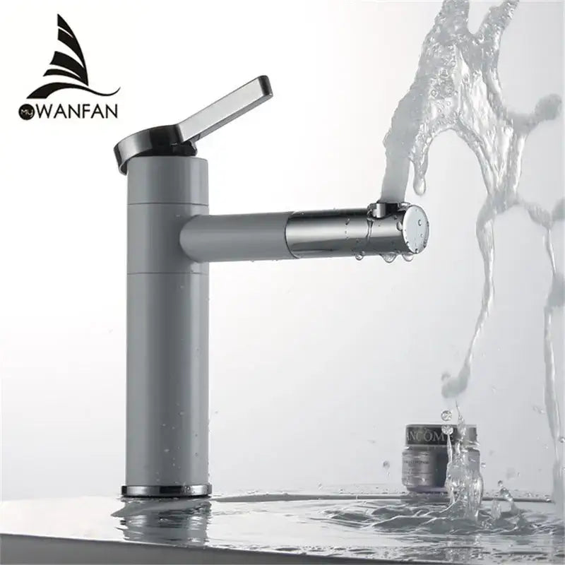 Modern black and chrome brass bathroom faucet with a sleek gray swivel spout for decorbites brass bathroom decor