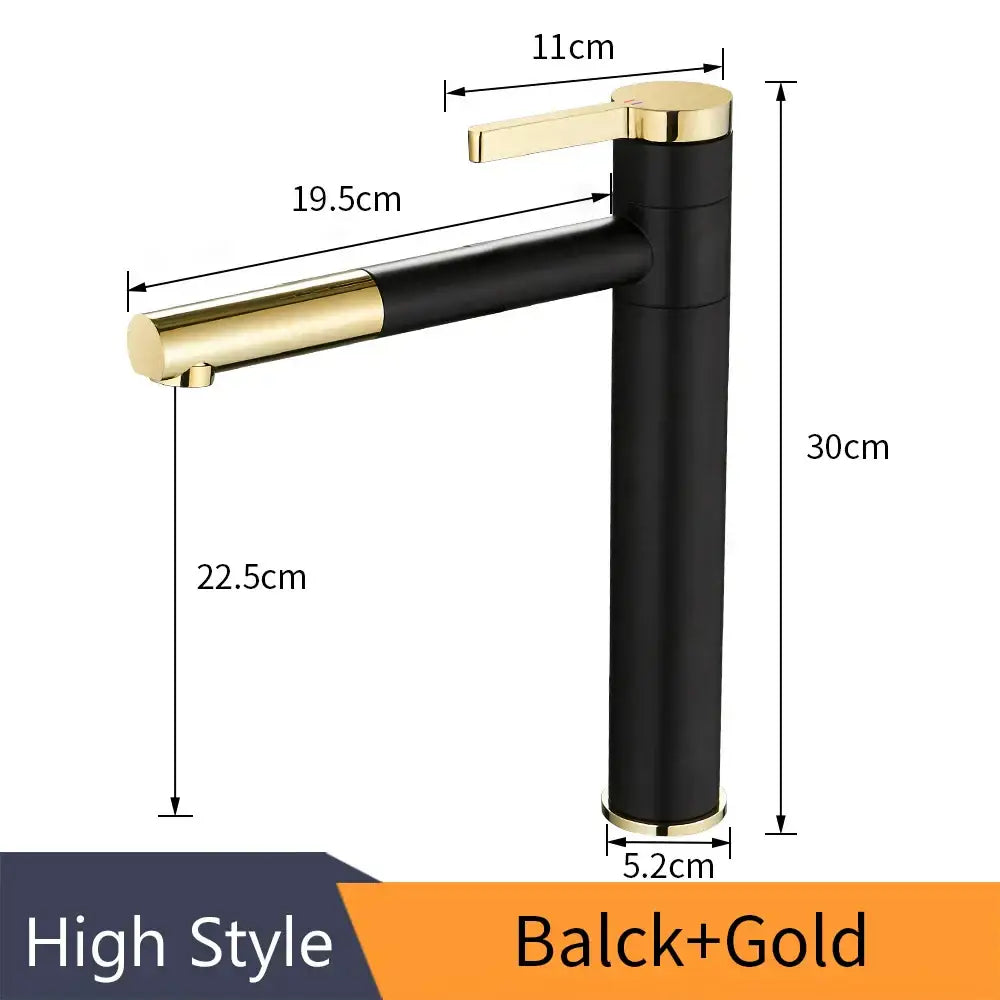 Modern black and chrome brass bathroom faucet with swivel spout in black and gold high-style design from decorbites brass bathroom collection
