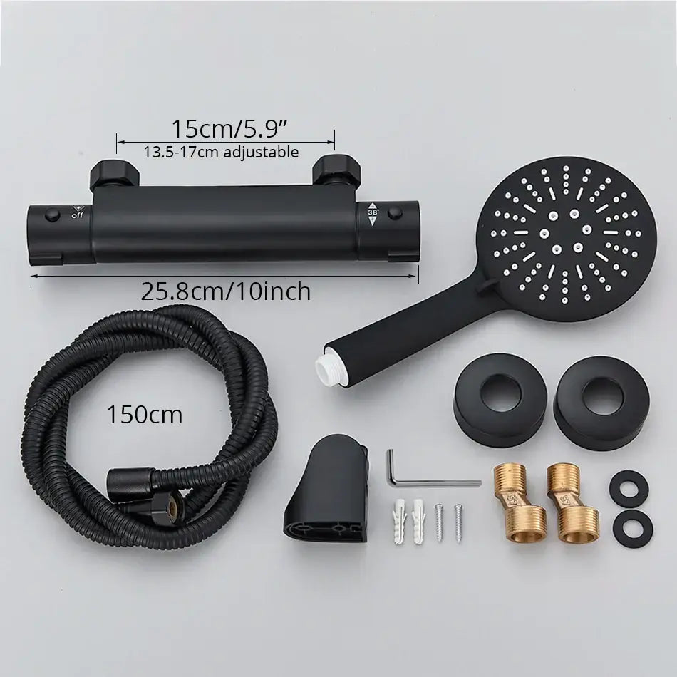 Modern black chrome brass shower set with a black matte finish circular shower head and multiple spray nozzles by decorbites