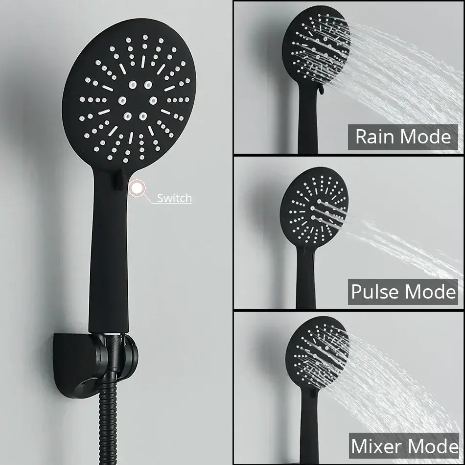 Modern black chrome brass shower set with black matte handheld showerhead featuring multiple spray settings