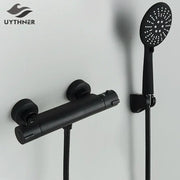 Modern black chrome brass shower set with black matte finish wall mount mixer and handheld showerhead by decorbites