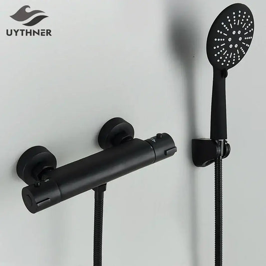 Modern black chrome brass shower set with black matte finish wall mount mixer and handheld showerhead by decorbites