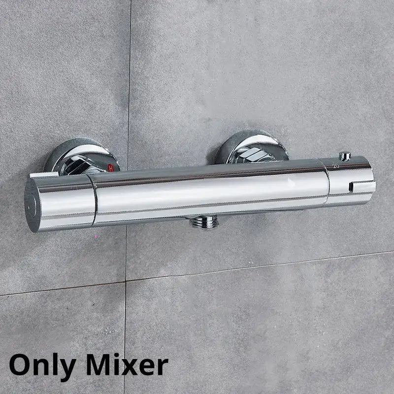 Chrome-finished wall-mounted thermostatic shower mixer with dual knobs in decorbites black chrome brass shower set