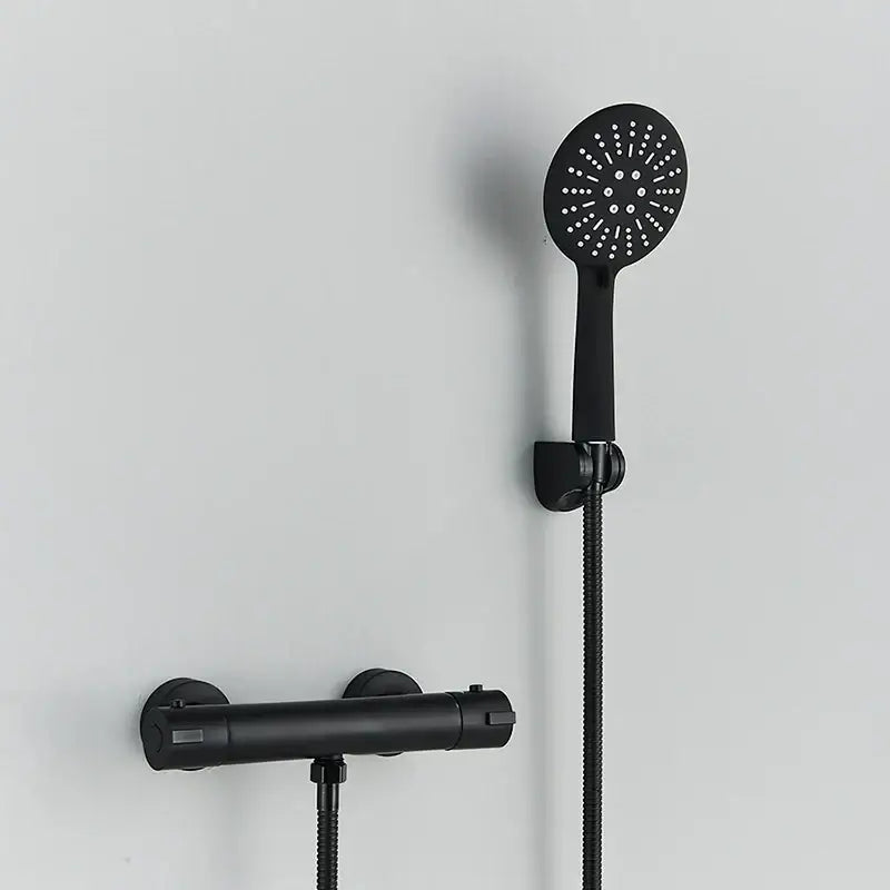 Modern black chrome brass shower set wall mount mixer with a black matte finish shower head and perforated face decorbites black chrome