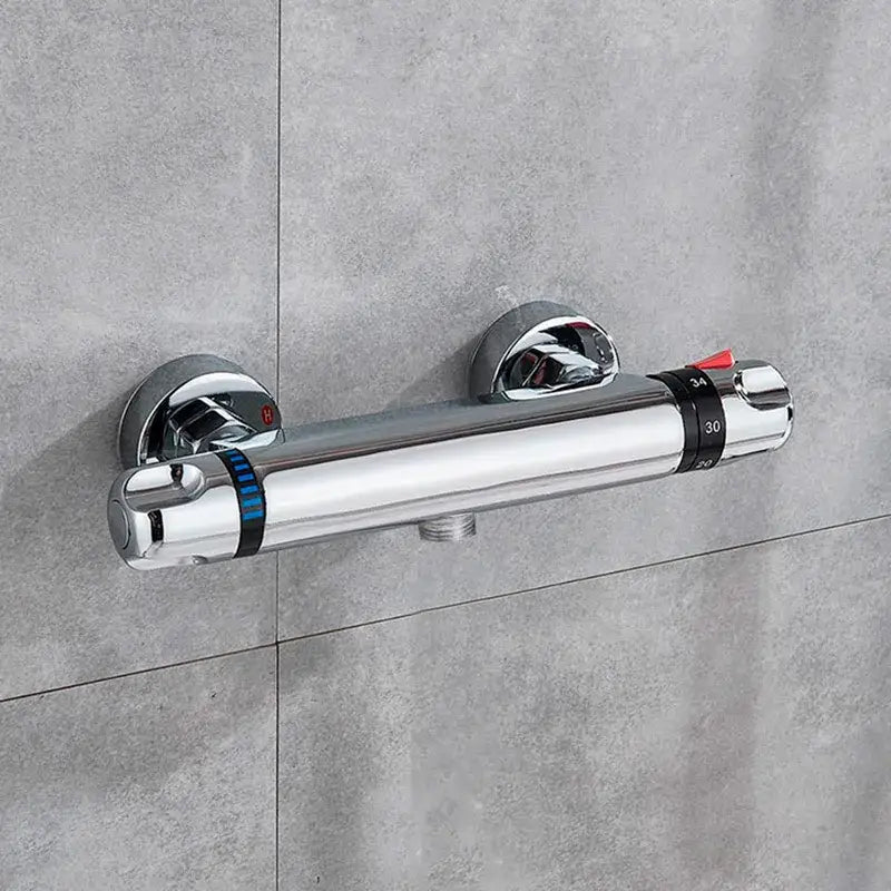 Chrome-finished thermostatic shower mixer with temperature control dial in black chrome brass decorbites shower set