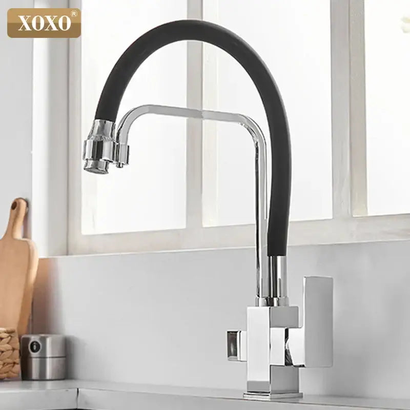 Xoxo modern black and chrome filter kitchen faucet with single hole rotation and black flexible hose in sleek chrome finish