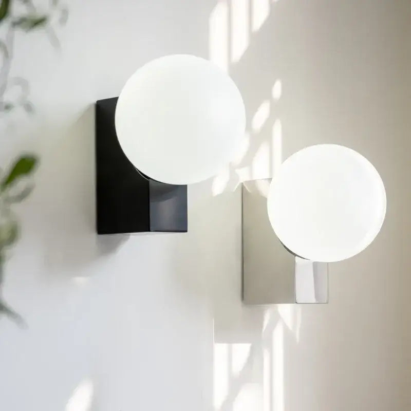 Modern black and chrome glass ball wall sconce with frosted white spherical shades for bedroom decorbites glass ball light