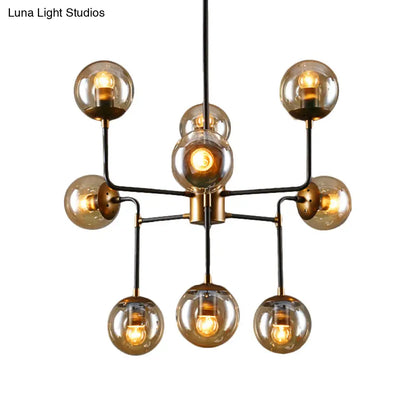 Modern Black Chrome Glass Globe Chandelier Pendant Light - Industrial Style, 8/9 Lights for Living Room
