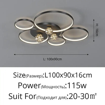 Modern black and chrome decorbites gypsophila chandelier with interconnected rings and crystal spheres for living room decor